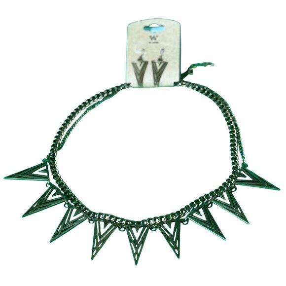 W Necklace Earring Set Triangle Pendants Geometric Design Double Chain Gold-Tone - Picture 4 of 14